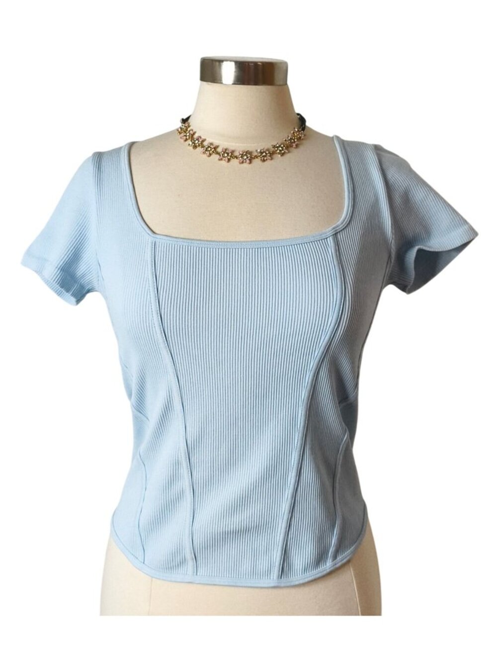 No Boundaries Juniors L Ribbed Sq Neck Corset Top Light Blue Shrt Slv Stretch